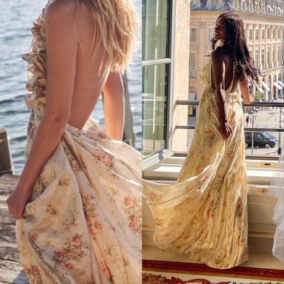 LoveShackFancy Antonie Halter Floral Metallic Maxi Dress Gown Golden Fog New - Picture 2 of 7